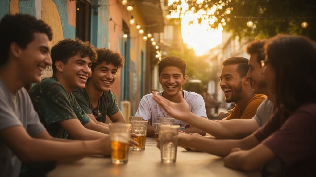 Grupo de amigos jovens em um bar de bairro ao fim da tarde, com um deles recusando de forma gentil um novo convite enquanto os outros conversam