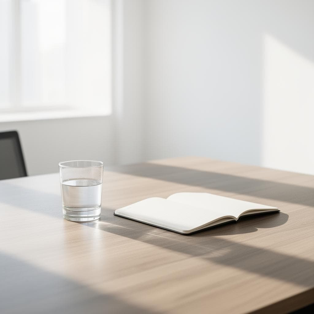 Escritório minimalista com luz natural, transmitindo clareza mental e foco na independência financeira