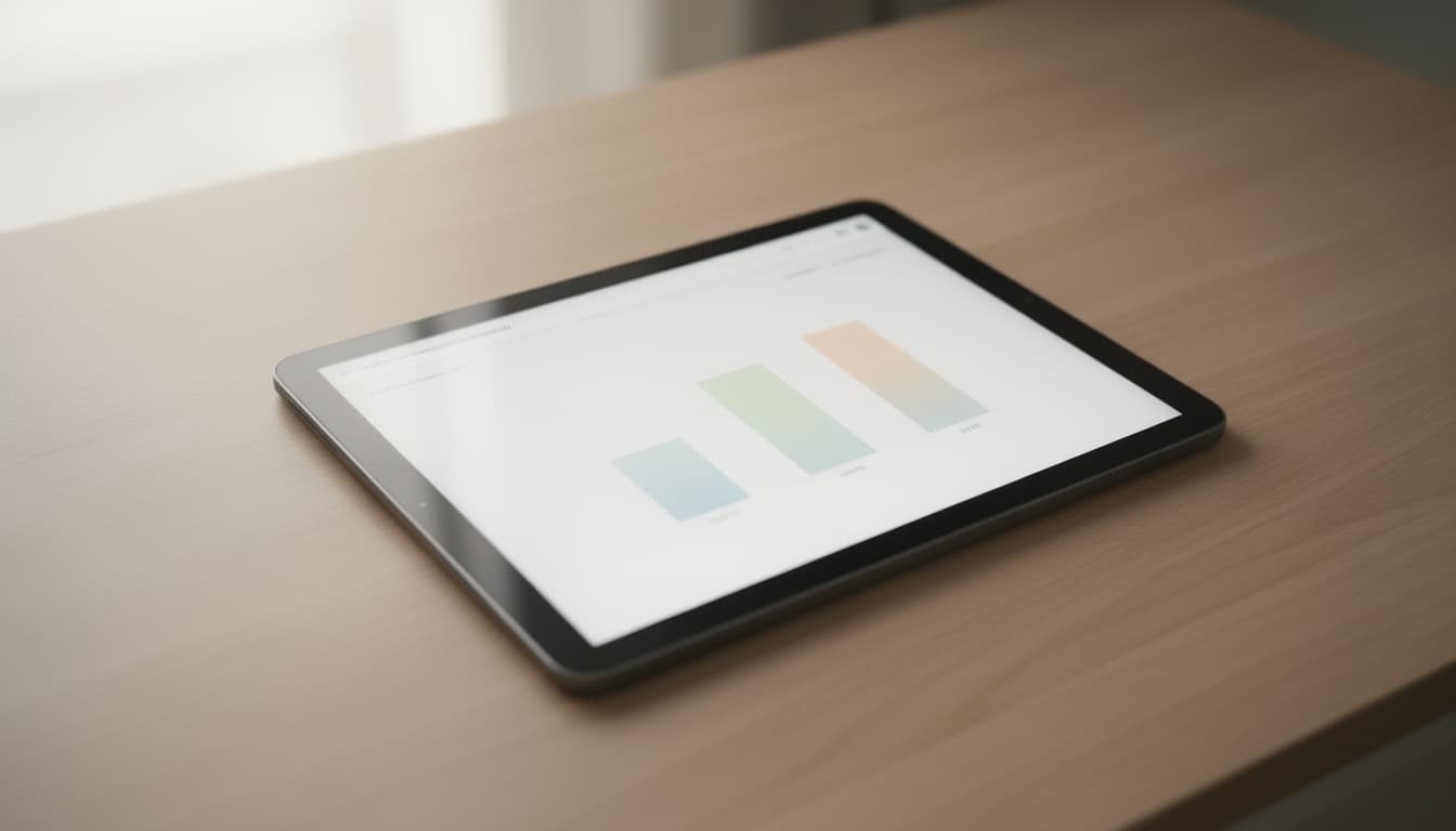 Tablet em uma mesa de madeira exibindo uma planilha financeira simples com barras coloridas representando diferentes alocações de capital
