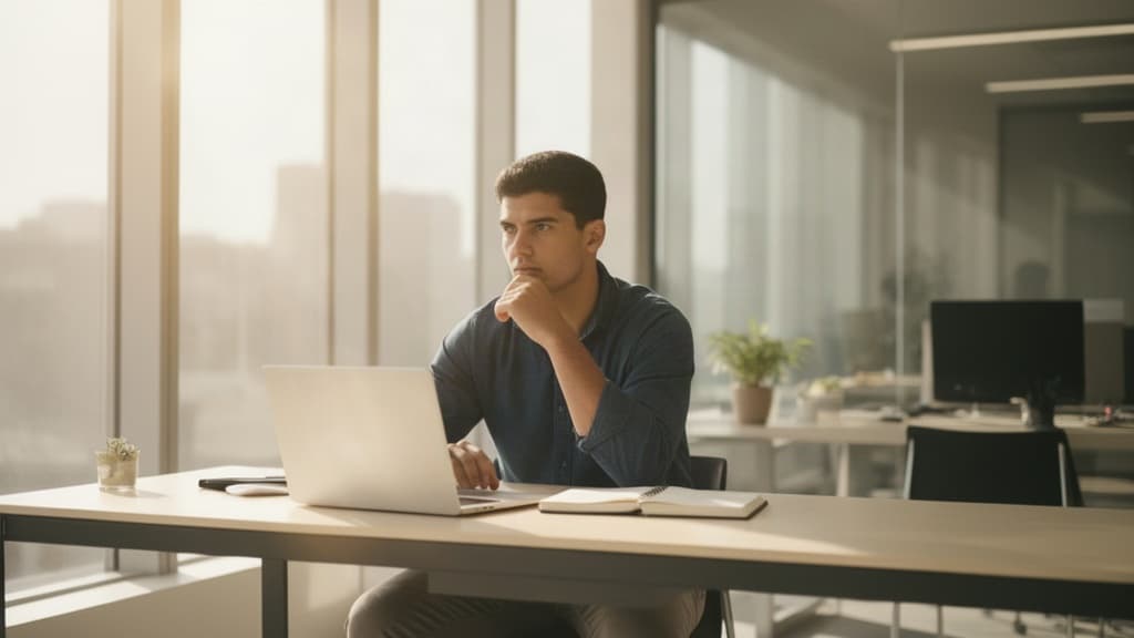 Jovem profissional brasileiro focado no trabalho em um escritório moderno e iluminado, transmitindo determinação e planejamento.