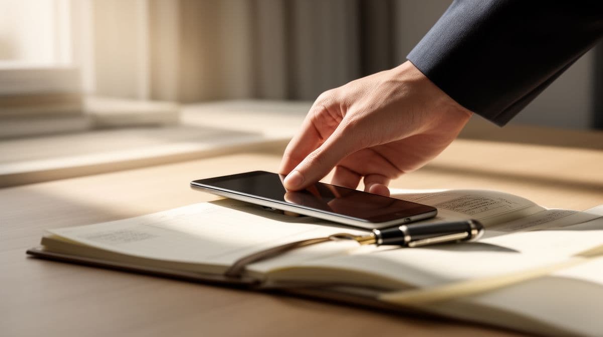 Mãos de um jovem profissional organizando um plano financeiro em uma mesa de escritório moderno com luz natural.