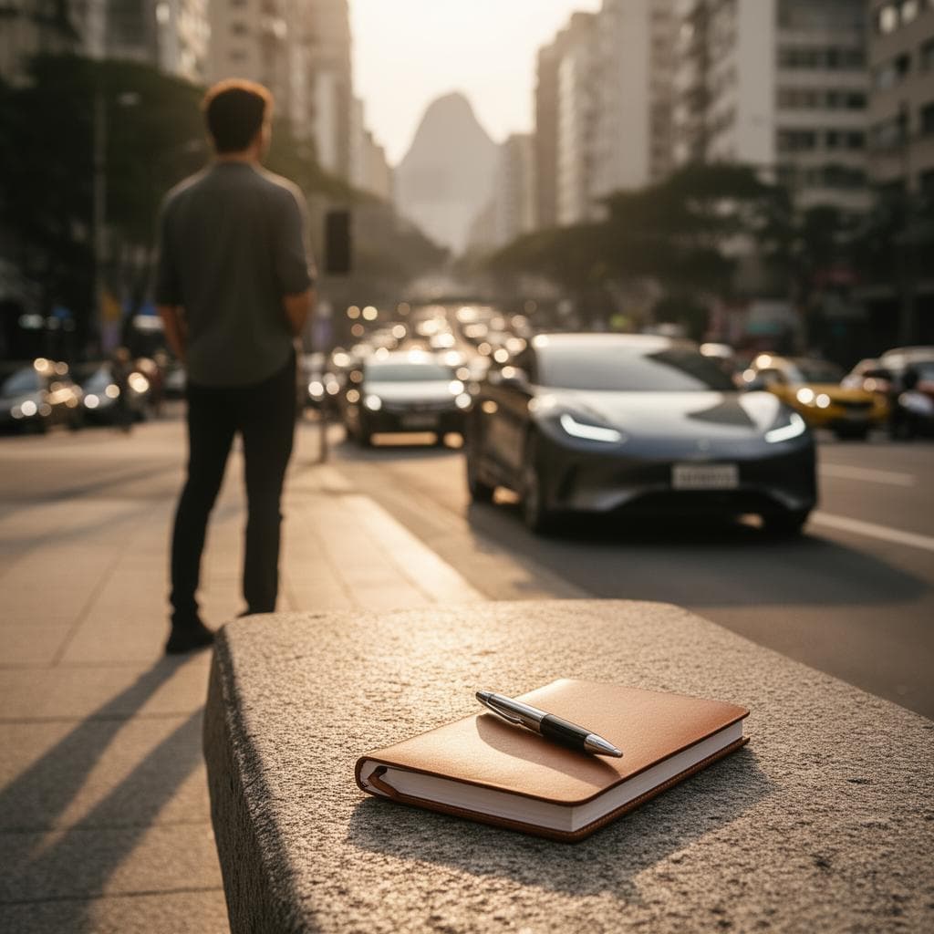 Jovem profissional brasileiro visto de costas numa calçada urbana, olhando para o trânsito ao fundo, com um caderno e caneta em primeiro plano sobre um banco de pedra, simbolizando planejamento financeiro e reflexão sobre compras.