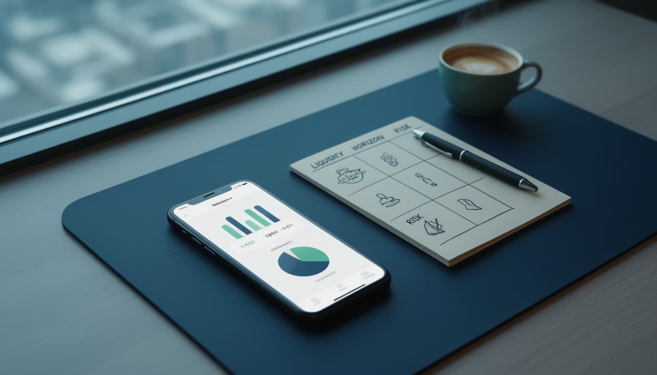 Smartphone com um app financeiro simples ao lado de um caderno com uma tabela desenhada à mão, simbolizando o filtro de liquidez, prazo e risco antes de investir.