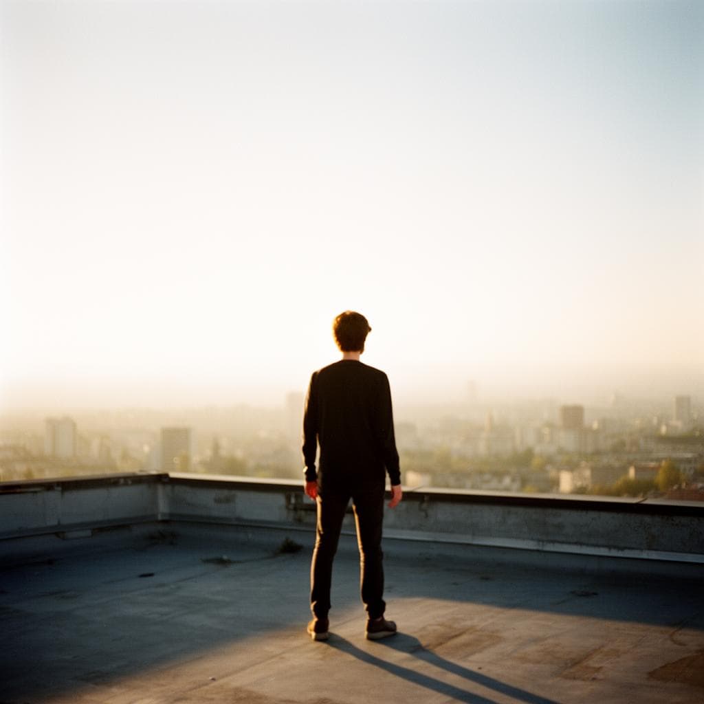 Vista de costas de um jovem no alto de uma cobertura ao pôr do sol, olhando um horizonte amplo que transmite liberdade e decisão.