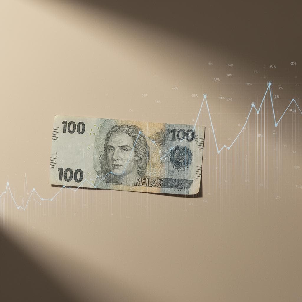 Nota de dinheiro real sobre superfície neutra com linhas gráficas digitais sutis que sugerem a perda de poder de compra ao longo do tempo.